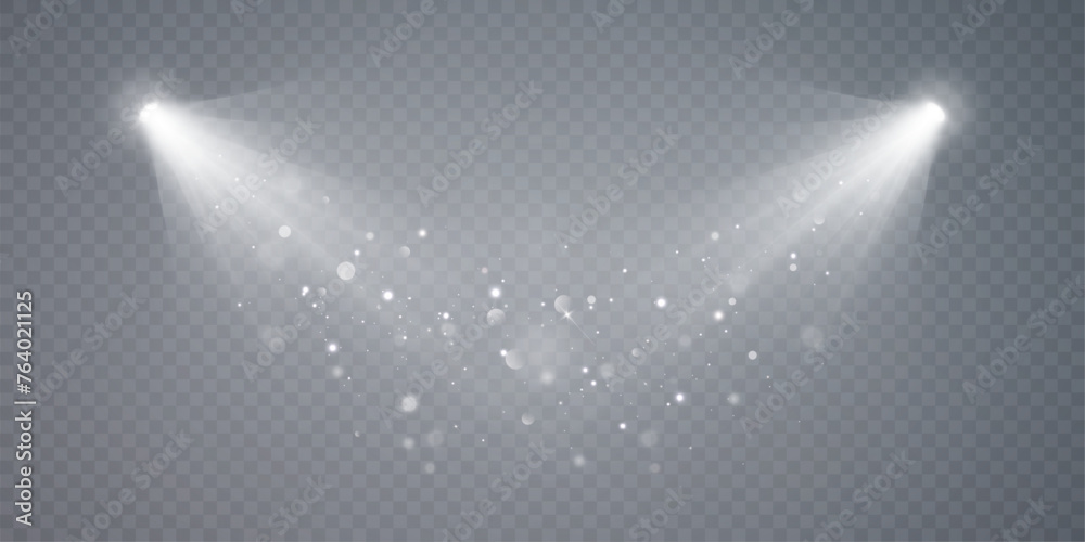 Aufkleber Spotlight background. Illuminated transparent stage. Background for displaying products. Bright rays of spotlights, flickering shiny particles, a spot of light. Vector