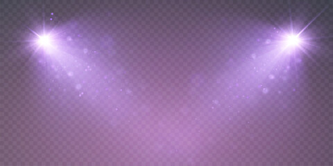 Purple spotlight background. Illuminated transparent stage. Background for displaying products. Bright rays of spotlights, flickering shiny particles, a spot of light. Vector - obrazy, fototapety, plakaty
