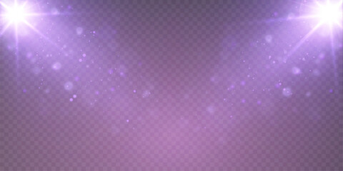 Obraz premium Purple spotlight background. Illuminated transparent stage. Background for displaying products. Bright rays of spotlights, flickering shiny particles, a spot of light. Vector