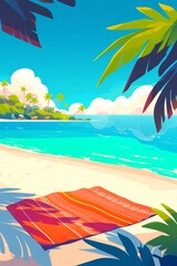 Fototapeta na wymiar Colorful Summer beach poster, background for posters, greeting cards, banners, web, landings, advertising and other. Vector flat design style illustration, Tropical Beach Vacation