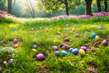 Easter Egg Hunt. A whimsical scene of hidden Easter eggs nestled among lush green grass
