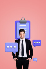 Vertical creative photo collage young standing businessman smiling cheerful entrepreneur task reply...