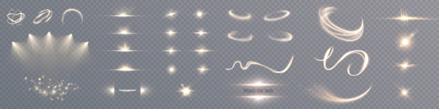 Set of lighting effects. Sun, stars and glare of golden glowing light, spotlight, light swirl for advertising and game design isolated on transparent background. Glow effect. Vector