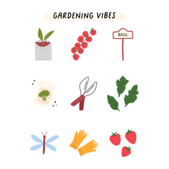 Gardening vibes card with garden elements, cartoon flat vector illustration isolated on white background. Spring and summer seasons. Cute hand drawn tomatoes, strawberries, gloves, dragonfly.