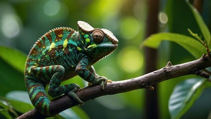 Chameleon on a branch in the rainforest