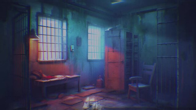 Haunted prison cell. Creepy and abandoned interior with VHS retro film effect. Horror and mystery loop animation video.