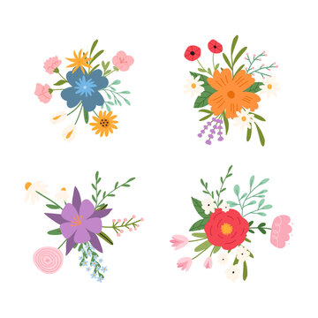 Set of floral compositions, cartoon flat vector illustration isolated on white background. Collection of cute hand drawn spring and summer flowers. Colorful bouquets.