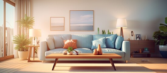 Capture a warm living room setting featuring a comfortable couch, wooden table, and vibrant potted greenery