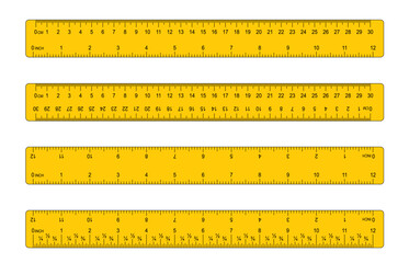 Grids for a ruler in millimeter, centimeter, meter and inch. Metal rulers mm, cm, m scale. metric units measuring scale bars for ruler scale. Yellow tape measure. School tools.