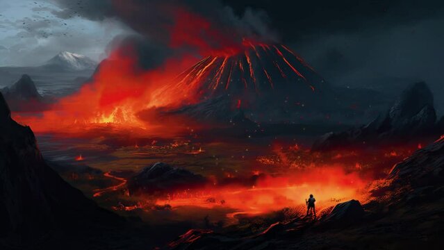erupting volcano, first world landscape. loop animation