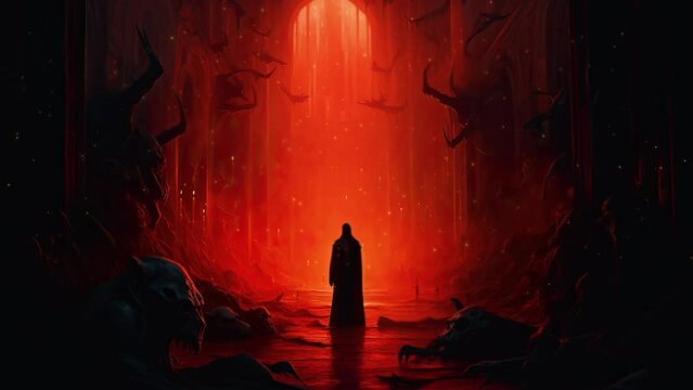 demon watching the darkness. death and abomination with a burning red fire. animated landscape on the theme of the devil