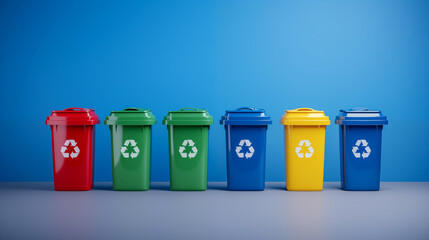 Colorful garbage bins for separate waste collection in a row with recycling symbols against blue wall.