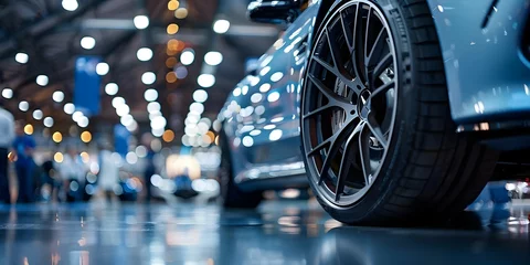 Fotobehang Close up view of sleek alloy wheels at highend car show. Concept Car Photography, Alloy Wheels, High-End Cars, Close-Up Shots, Car Shows © Ян Заболотний
