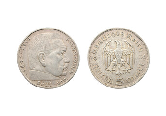 Old German silver coin 5 mark Paul von Hindenburg 1936 isolated on white