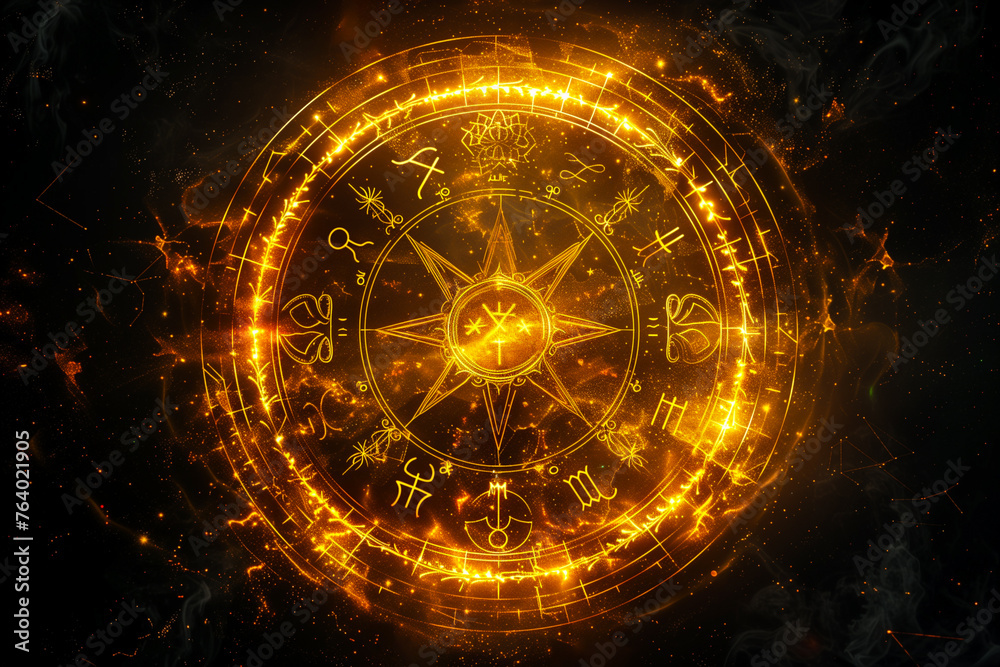 Wall mural Gold magic runes in a circle. Glowing spell effect. Ancient fantasy writing. Magical neon ring.	