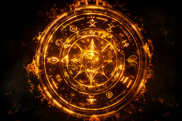 Gold magical runes in a circle. Magic spell effect. Ancient fantasy writing. Glowing neon ring.	