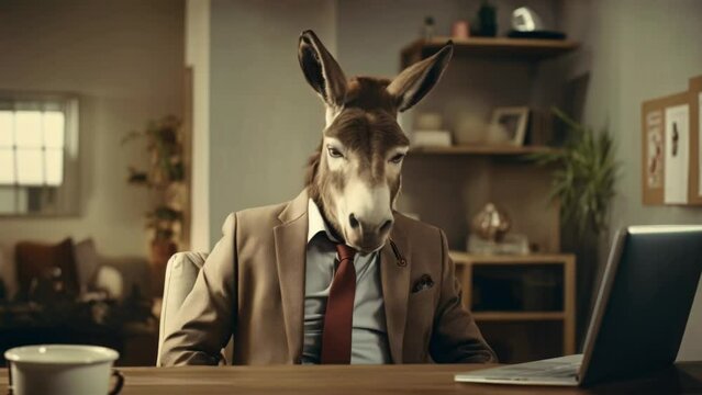 A donkey in a businessman costume in an office at the workplace, a boss in a company. A caricature, a joke. travesty