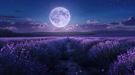 Expansive fields of lavender stretch towards the horizon, under the light of a full moon. The...