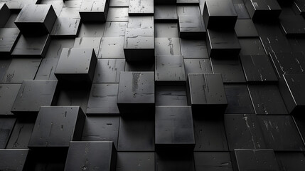 This high-resolution image captures a geometric pattern of raised 3D black blocks, resembling an organized chaos