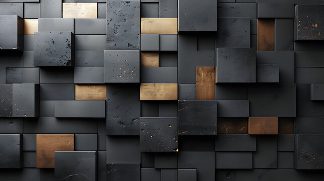 An intricate pattern of dark cubic shapes enhanced by strategic gold accents