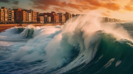 A giant wave near a city, Huge stormy waves crashing near city embankment, dramatic sky on background.