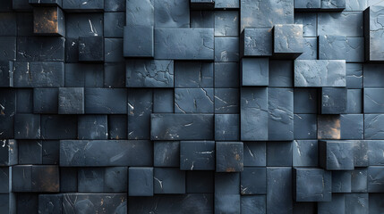 A wall of unevenly stacked dark-blue blocks showcasing a texture that adds depth and character to the image - obrazy, fototapety, plakaty