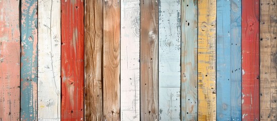 A line of vibrant hardwood planks stained in various colors. Each board is a rectangular plank with a unique pattern, creating a colorful flooring display - obrazy, fototapety, plakaty
