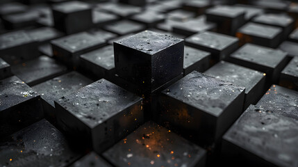 This close-up image features perfectly arranged wet black cubes with reflective surfaces, creating a sense of order and detail