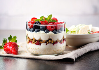 Greek yogurt parfait with fresh berries and muesli in glass