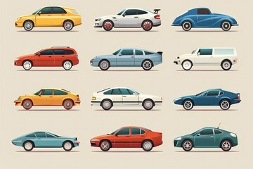 Illustration: different 2D cars on a light background
