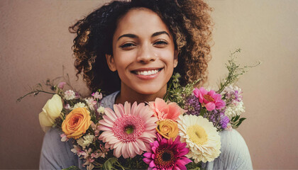 Uma mulher com expressão feliz segurando um buquê de flores com fundo desfocado. - obrazy, fototapety, plakaty