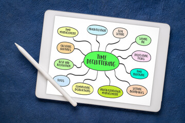 time decluttering, productivity and lifestyle concept, mind map sketch on a digital tablet