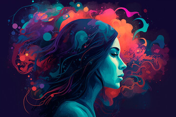 Portrait illustration of a young woman on a dark blue background generative AI - obrazy, fototapety, plakaty