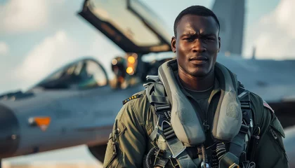 Photo sur Plexiglas Ancien avion A man in a military uniform stands next to a fighter jet