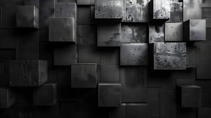 An artistic representation of black 3D cubes with realistic water droplets on the surface, invoking a dark, modern feel