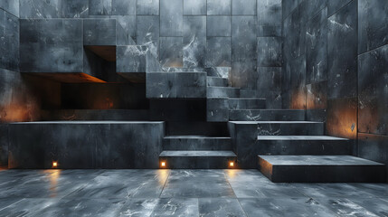 Modern designed interior showing lit steps contrasting with the dark, textured walls, evoking a sense of discovery and progression