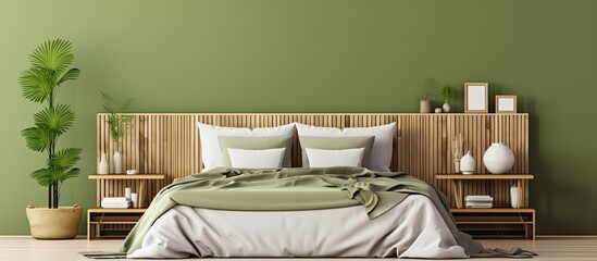 A detailed view of a bed positioned against a green wall with a wooden headboard