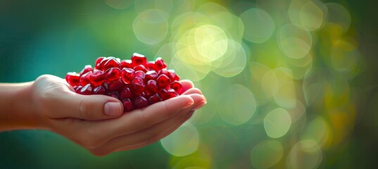 Harvested pomegranate held in hand, selecting ripe fruit on blurred background with copy space