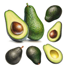 Illustrations of avocado. Color pencil drawings. Perfect for product packaging, home textile, stationery and other goods - 764023543