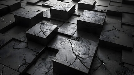 A cohesive dark cubic structured surface with fragmented cracks creating a sense of decay