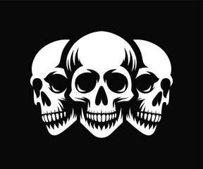 Three skulls in white color on a black background vector