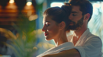 Caucasian couple enjoying relaxing anti-stress head massage and pampering facial beauty skin recreation leisure in dayspa modern light ambient at luxury resort or hotel spa salon. Quiescent. - obrazy, fototapety, plakaty