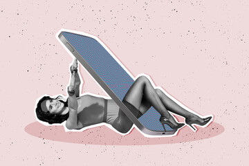 Composite photo collage of happy sexy girl do sport exercise iphone screen legs heels pilates body...
