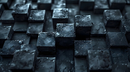 Aesthetic array of dark, glistening cubes creating a pattern, reflecting light subtly across the surface