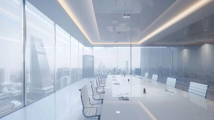 Contemporary glass meeting room interior with empty white mock up frame and panoramic window and city view. 3D Rendering.