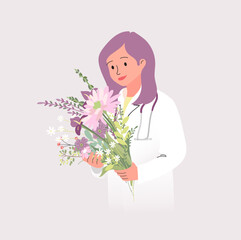 Beautiful young female docotr holding a bouquet of flowers. Nurse, Medical Worker day concept. Vector illustration.