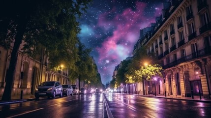 Fototapeta na wymiar City night street scene with beautiful night sky.