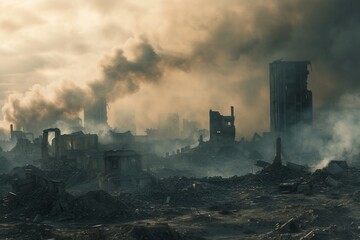 Fototapeta premium view of destroyed by war city ruins of buildings and smoke in air, generative AI