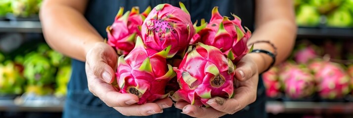 Dragon fruit selection  hand holding vibrant dragon fruit on blurred background with copy space