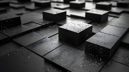 A single cube stands in sharp focus among blurred surrounding cubes, symbolizing uniqueness and depth - obrazy, fototapety, plakaty
